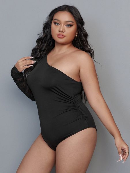 

plus one shoulder ruched bodysuit q2fo#, Black