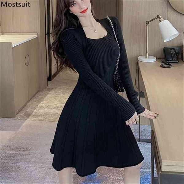 Primavera Outono Mulheres Kintted Dress Elegante Coreano Manga Comprida Túnica Slim Falso Dois Peça Black Sweater Vestidos 210513