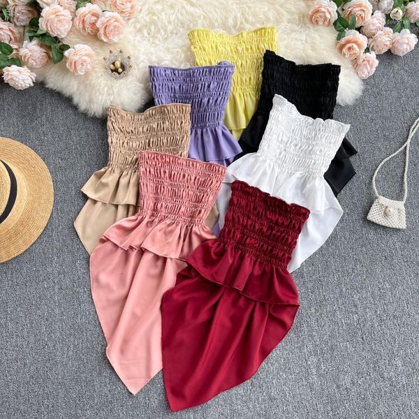 

spring summer fashion casual elastic wrinkle open back front short long ruffle women sj720 women's t-shirt, White