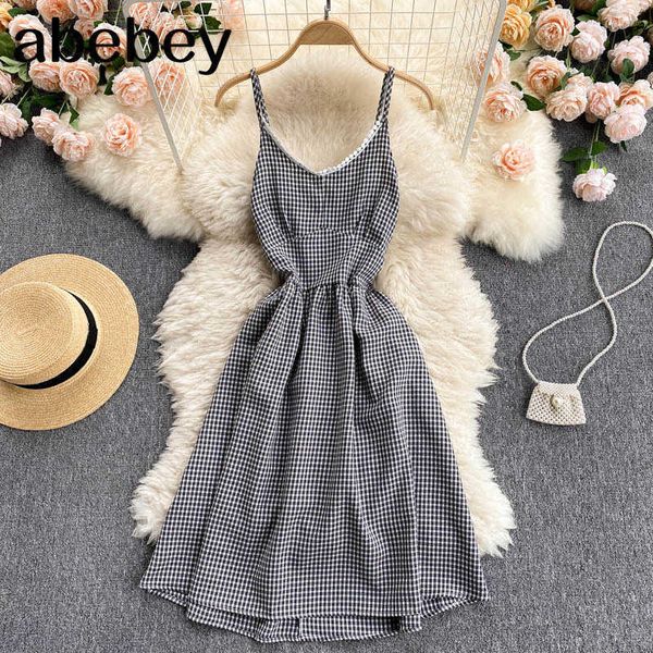 

women plaid strap dress v neck summer vintage sundress sleeveless cami dress boho high waist a-line midi dresses 210715, Black;gray