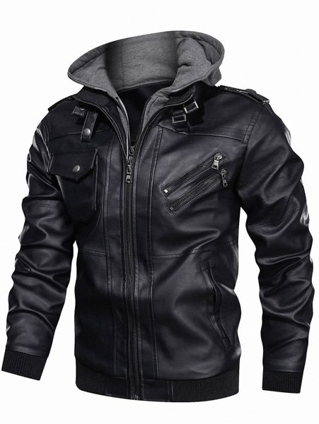 

men flap pocket contrast hooded pu jacket k6st#, Black;brown