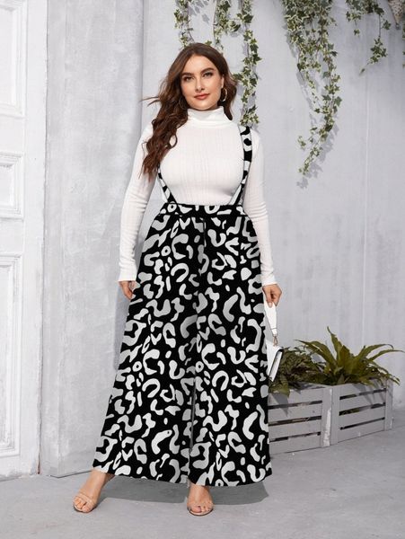 

plus allover print wide leg pinafore pants o6ip#, Black
