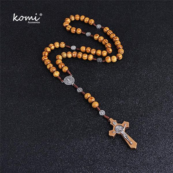 

pendant necklaces komi wooden beads cross long chain rosary jesus coin s religious praying jewelry gift r-021, Silver