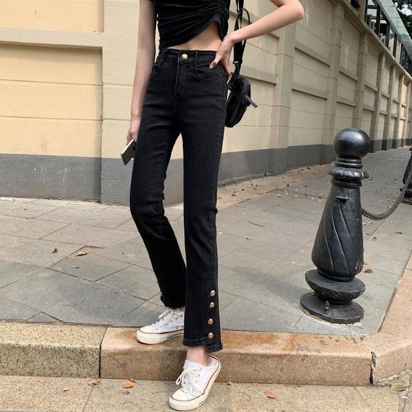 

women's jeans spring and autumn design sense of minority high waist elastic straight large fat mm micro horn nine point wide leg, Blue