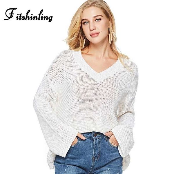 FitShinling Chegada Outono Mulheres Suéteres e Pullovers V Pescoço Solto Esvaziçar Sweater Sexy White Jumper Venda Pull 211011