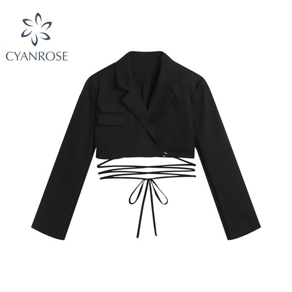 

irregular fashion elegant black blazers women autumn long sleeve loose crop jacket veste lace up bowknot female 210515, Black;brown