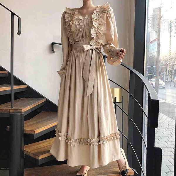 

chic lady khaki robe lantern sleeve square collar loose ruffles dress trendy clothing summer women 56 210510, Black;gray