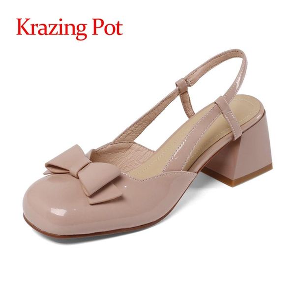 

dress shoes krazing pot cow patent leather round toe high heels shallow young lady vintage dating butterfly-knot slip on sandals women l25, Black