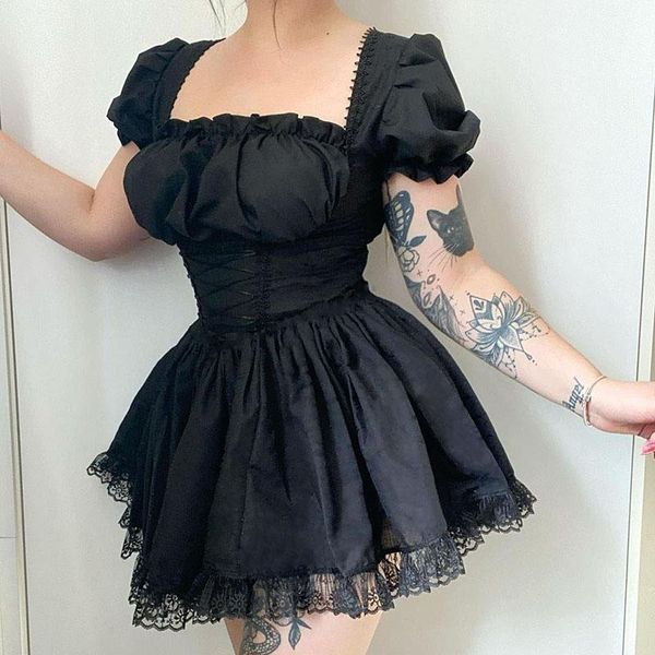

casual dresses y2k gothic black princess mini dress 90s vintage high waist lace up corset puff sleeve a-line kawaii girl women streetwear, Black;gray