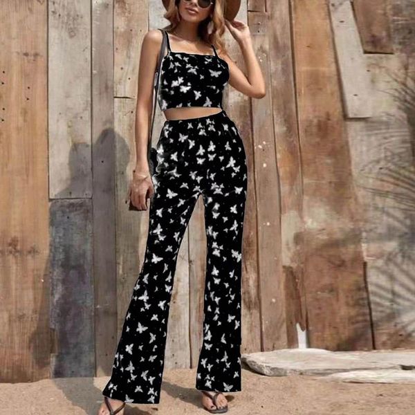 

women's two piece pants butterfly print sling crop & casual high waist set summer fashion beach streetwear, White