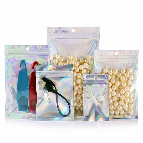 

hologram laser aluminum foil zip lock variable color bags resealable high clear window jewelry trinkets cosmetics underwear eyelashes beads