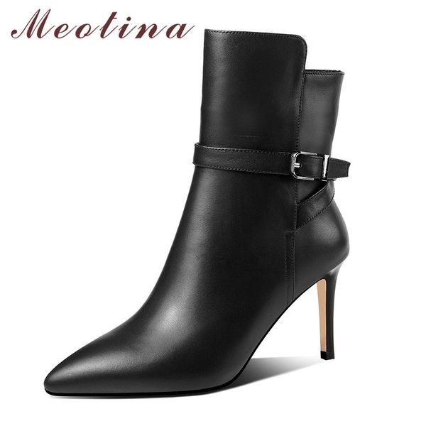 

meotina buckle real leather high heel short boots pointed toe stiletto heels zipper fashion ankle boots lady autumn winter beige 210520, Black
