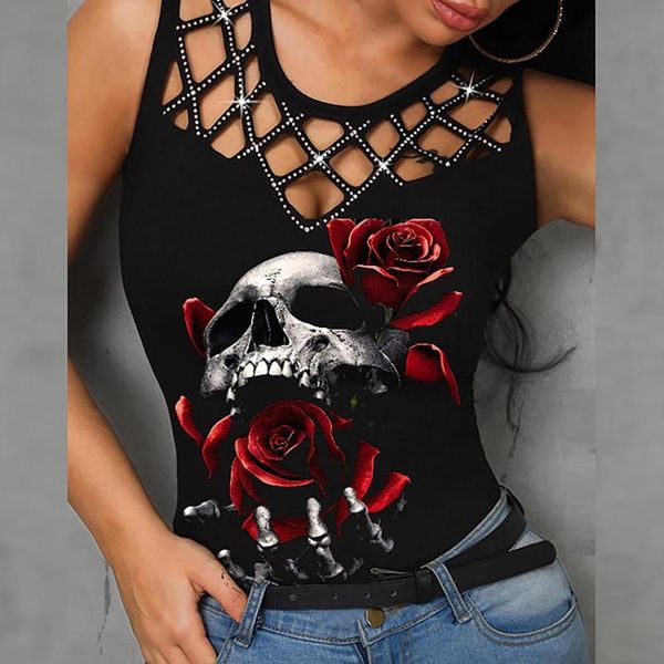 

women's t-shirt summer casual t shirt women fashion floral multicolor rose print sleeveless hollow out tank vest, White