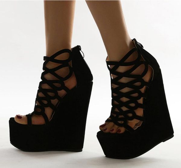 

dress shoes women's peep toe wedge 15cm high heel platform sandals ankle boots net holes roman gladiator 2021, Black