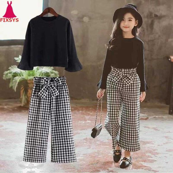 

2020 kids girls clothes sets long sleeve t-shirts + plaid wide leg pants autumn children's clothing teenage for 7 8 10 12 years x0902, White