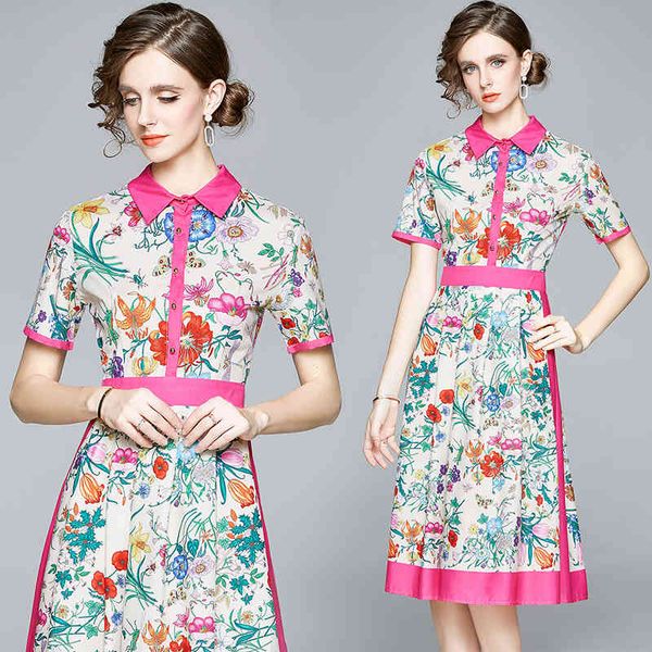 

boutique dress 2021 women's lapel short sleeve single breasted gathered waist pleated print age reducing, Black;pink