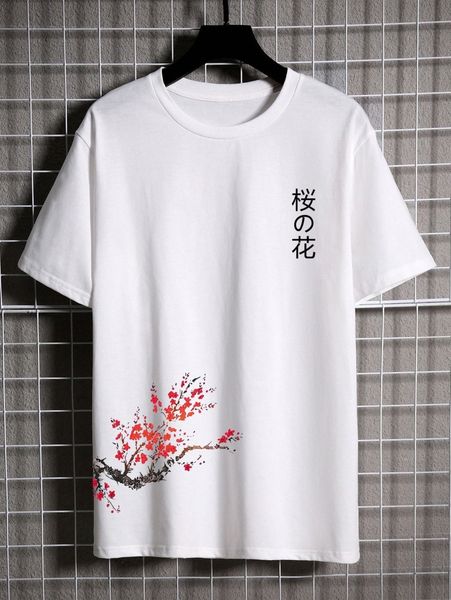 

men japanese letter & floral print tee z69u#, White;black