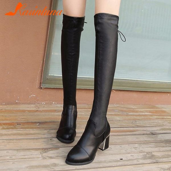 

boots brand designer arrivals stretch over-the-knee spike heels lace-up metal decoration thigh booties qavs, Black