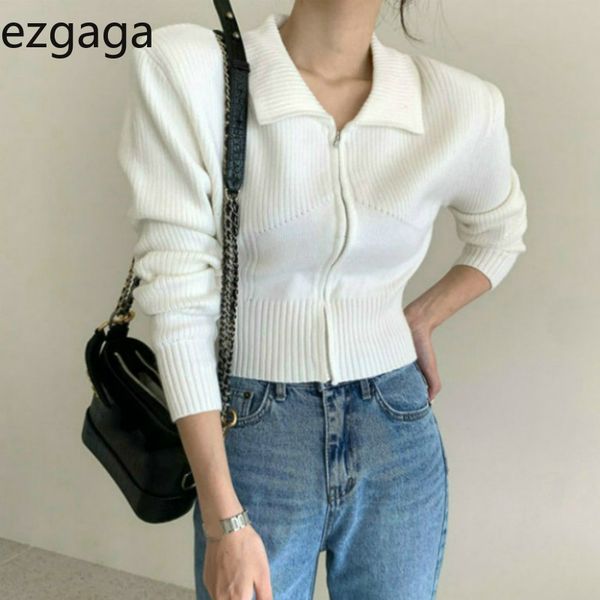 

ezgaga turn-down collar sweater women french style chic zipper long sleeve solid knitted cardigan ladies crop elegant 210430, White