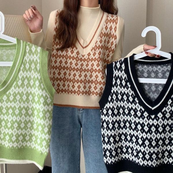 

women's vests autumn winter arrival artistic style simple version of the sleeveless vest sweater jumper female loose v-neck, Black;white