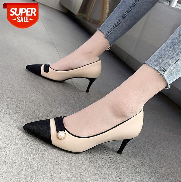 

shallow mouth shoes fashion korean version of pearl color matching stiletto high heels retro comfortable women's #ip7a, Black