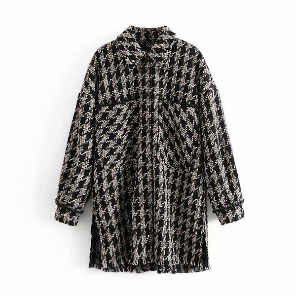 

women's jackets vintage woman oversized plaid tassel tweed shirt coat autumn fashion ladies thick patchwork jacket female chic loose c, Black;brown