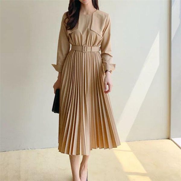 

casual dresses hzirip korean spring fashion pleated 2021 women ol full sleeves office lady a-line large size belt long, Black;gray