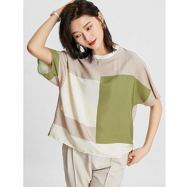 

women's t-shirt women elegant design 100% silk printed o neck short batwing sleeves 2 colors ladies casual loose fashion, White
