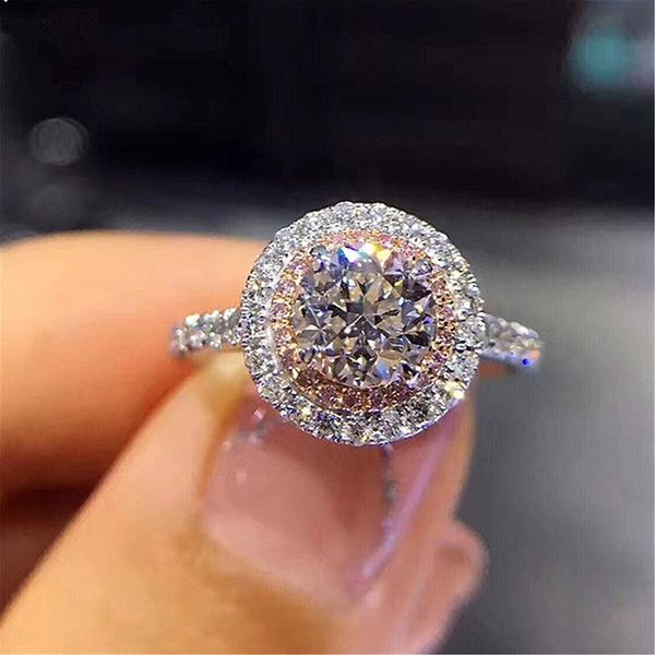 

cluster rings fashion white stone wedding finger ring trendy round pink/white queen crystal promise for women engagement jewelry gift, Golden;silver