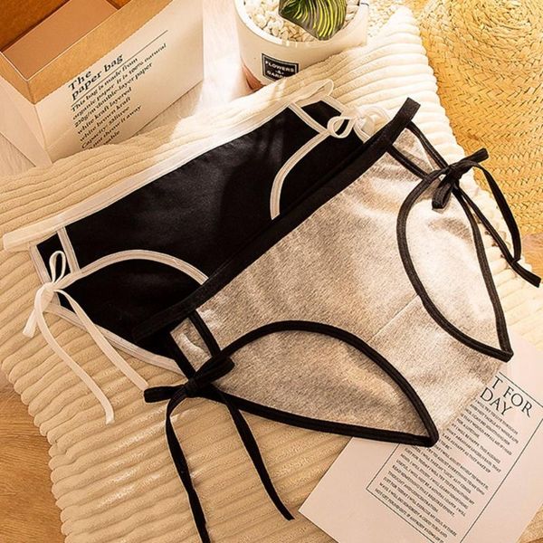 

women's panties lace-up briefs solid cotton hollow low-rise bowknot bandage comfortable breathable ladies, Black;pink