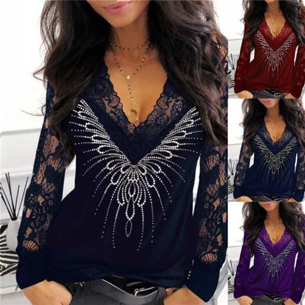 

women's t-shirt shirts for women lace long sleeve tshirts spring autumn ladies casual v neck dot print slim fit shirt, White
