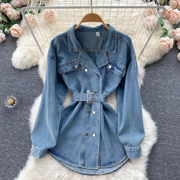 

women's trench coats blue denim coat women 2022 spring autumn cotton jean outerwear belt double breasted windbreaker casual cloak, Tan;black