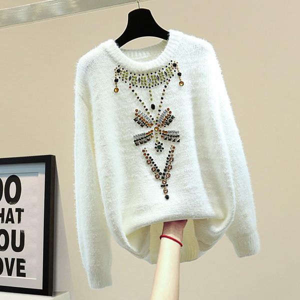 

women's sweaters rhinestone sweater women 2021 autumn winter korean style loose knitted coat fashion retro diamonds mohair pullovers, White;black