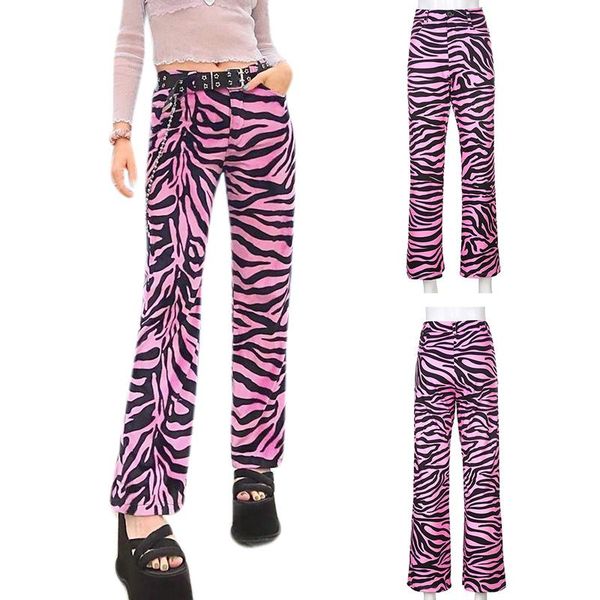 

women's pants & capris aesthetics zebra printed long e-girl punk style mid-waist loosed straight pant streetwear trousers, Black;white