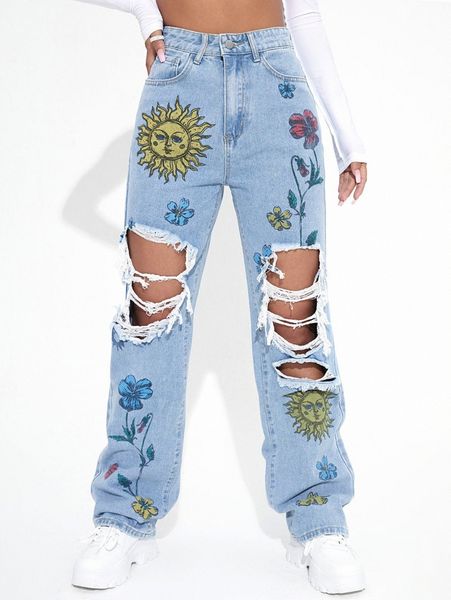 

floral high waist straight leg jeans d18t#, Blue
