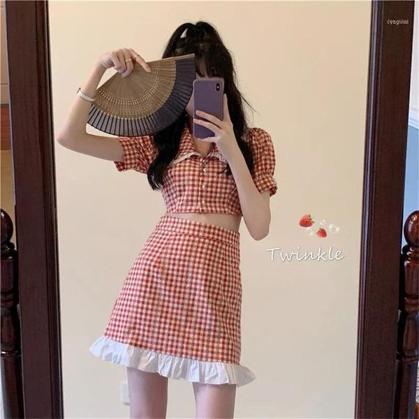 

two piece set korean summer casual plaid crop mini skirt outfits for women matching sets1, Gray