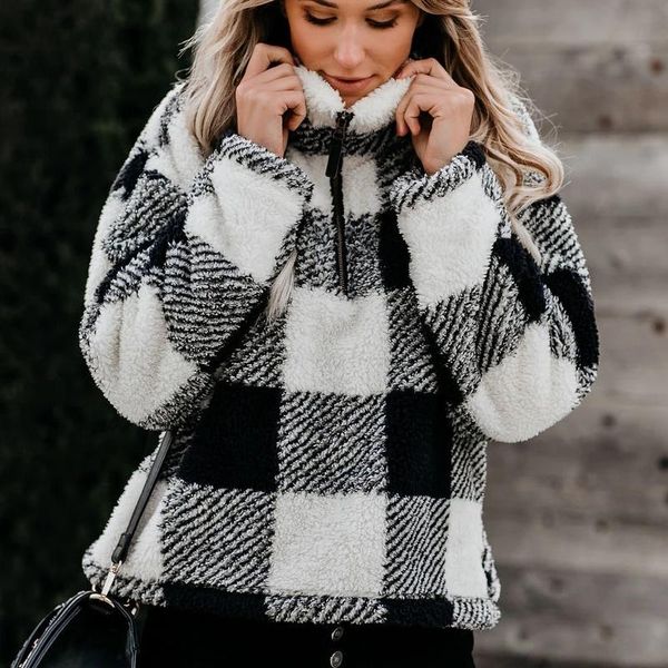 

sweatshirt autumn and winter plaid thickened stand-up collar hoodie women's long-sleeved lapel loose all-match hoodies & sweatshirts, Black