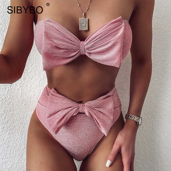 

sibybo sparkly bow tie bikinis set summer women two-piece high waist push up swimsuit 2021 female beach party bathing suits, Black;white