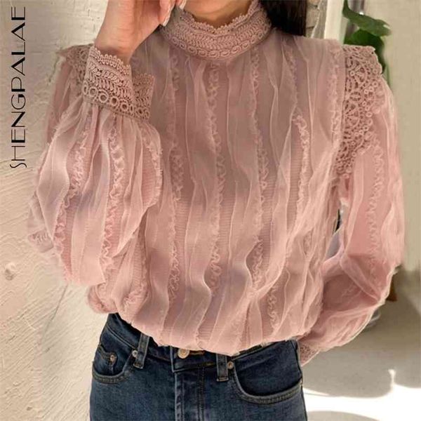 

france three-dimensional lace patchwork blouse women's spring stand collar long sleeve shirt female 5a1296 210427, White