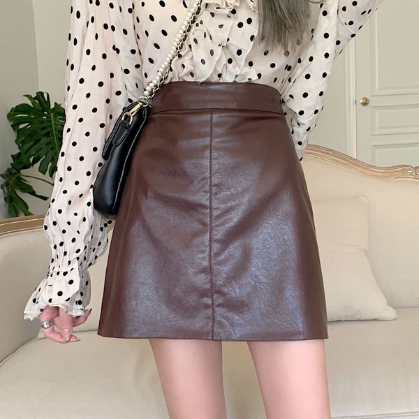 

skirts leather half female 2021 autumn high waist thin korean style pu leather a-word wrap hip skirt, Black