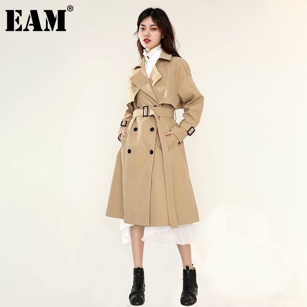 

[eam] women khaki bandage big size trench lapel long sleeve loose fit windbreaker fashion spring autumn 1dc54304 210512, Tan;black