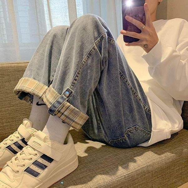 

men's jeans houzhou for men grey denim trousers male wide leg pant fashion pants autumn winter korean streetwear, Blue