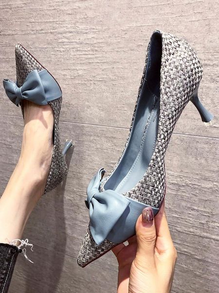 

dress shoes all-match pointed shallow mouth woven ladies single spring and autumn sweet bow temperament stiletto heels, Black