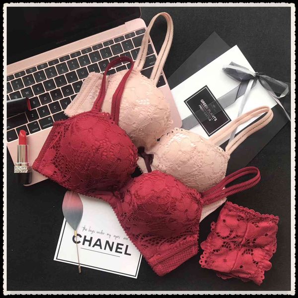 

bra set lace steamed bread gather and the accessory breast, side close small chest artifact underwear ab cup 611, Red;black