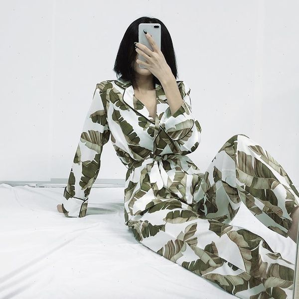 

banana leaf robe sets womens sleepwears long sleeve pajamas tropical graphic 2 piece set women sleepwear home suit bathrobe, Black;red