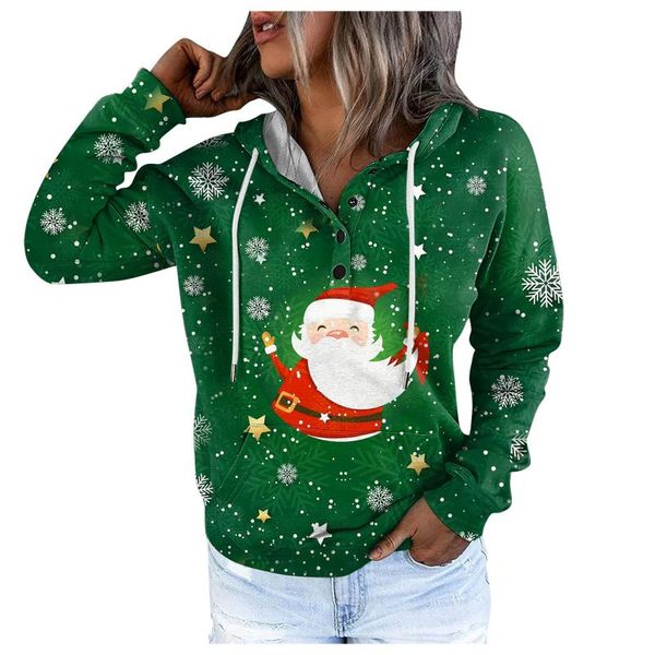 

women's hoodies & sweatshirts women casual christmas hoodie long sleeves buttons collar pockets sweatshirt santa claus print pullover c, Black