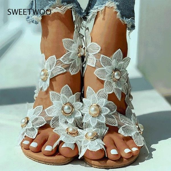 

sandals 2021 summer ladies shoes white floral flat female casual beach pair, Black