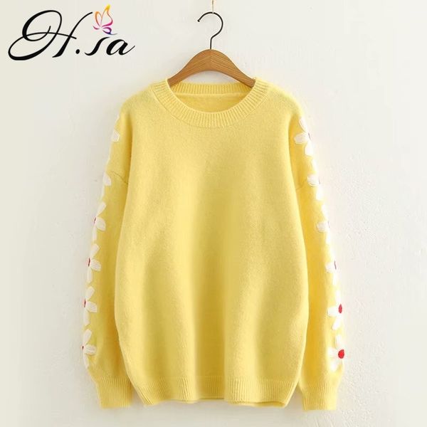 

h.sa women winter yellow sweater oneck floral knit jumpers long sleeve loose solid warm thick pullover sweaters 210417, White;black