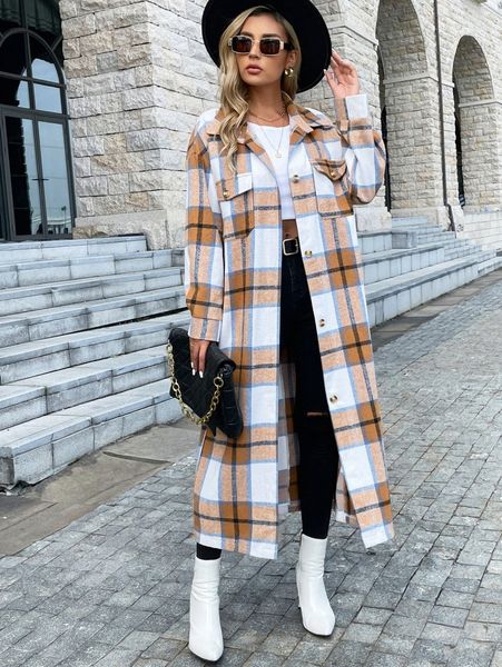 

plaid flap pocket drop shoulder longline overcoat a0ri#, Black