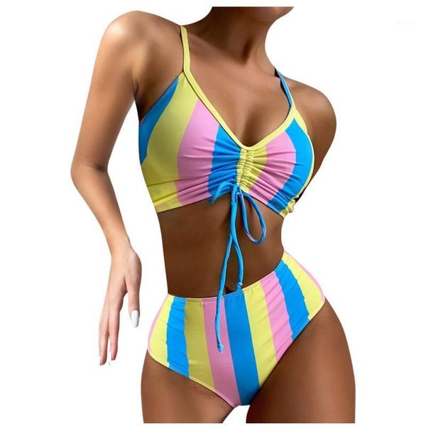 

women's swimwear s-l rainbow print female swimsuit high waist bikini women two-pieces set ribbed bather bathing suit swim, White;black